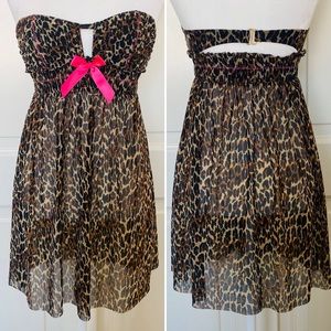 Betsey Johnson Strapless Leopard Print Chiffon Dress with Hot Pink Bow
